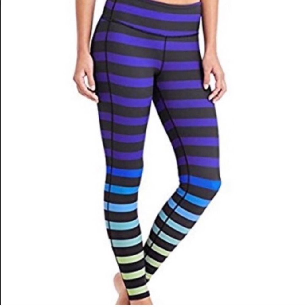Athleta Black & Purple Striped Leggings with Blue and Green Ombre Bands XS